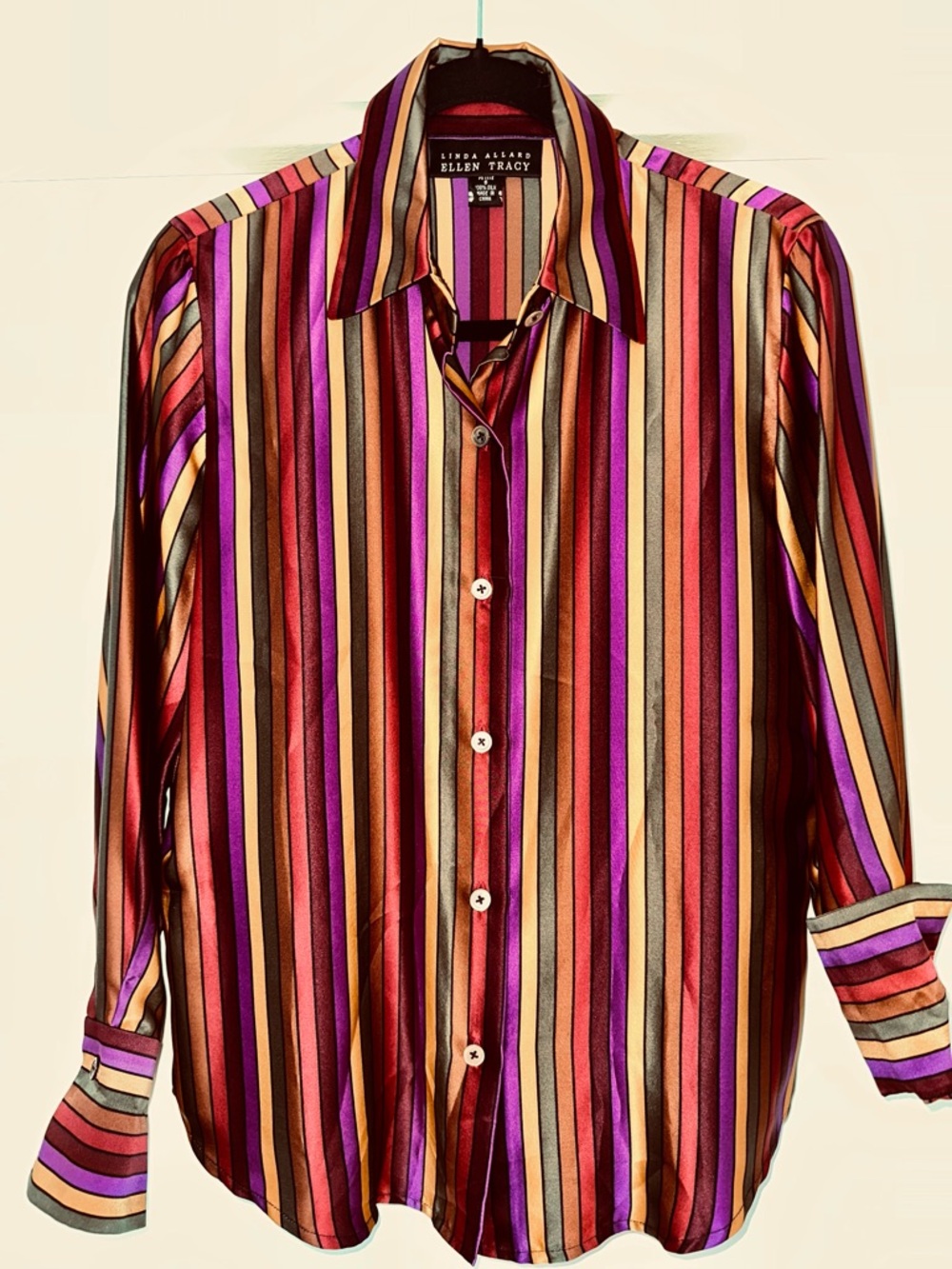 Ellen Tracy Women’s Multi-Stripe 100% Silk Button-Up Shirt - Red, Purple, Gold